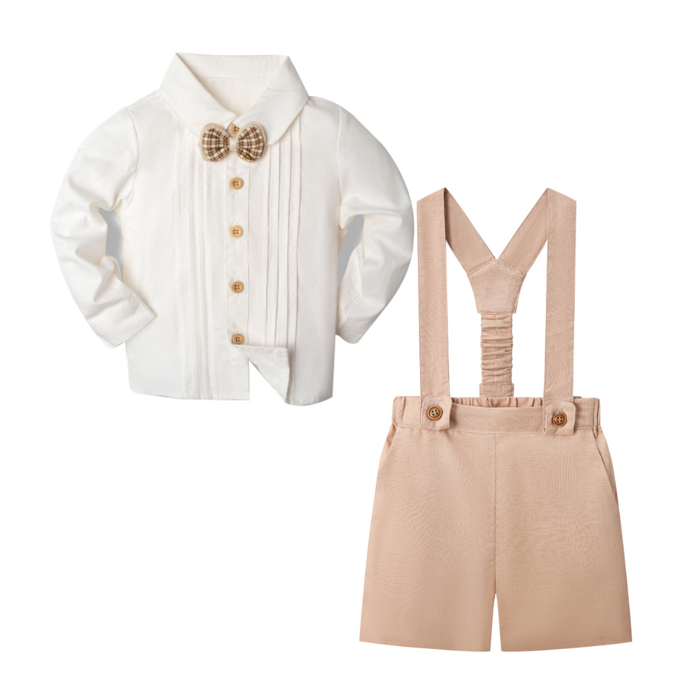 LittleDandy – Klassisk og elegant – Bomullsshorts med seler, sløyfe og skjorte